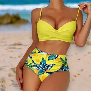 🆕 Tropical Leaf Print V-Neck Bikini Set 🌴 High Waist & Plunging Top  Sz Small